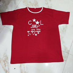 Red with white print shirt