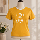 Yellow with white print shirt