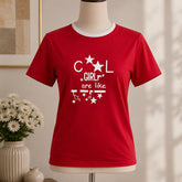 Red with white print shirt