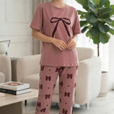 Pink with maroon bow Printed suit