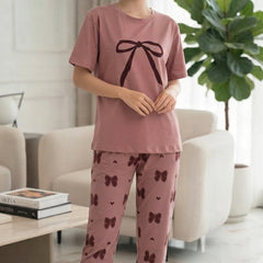 Pink with maroon bow Printed suit