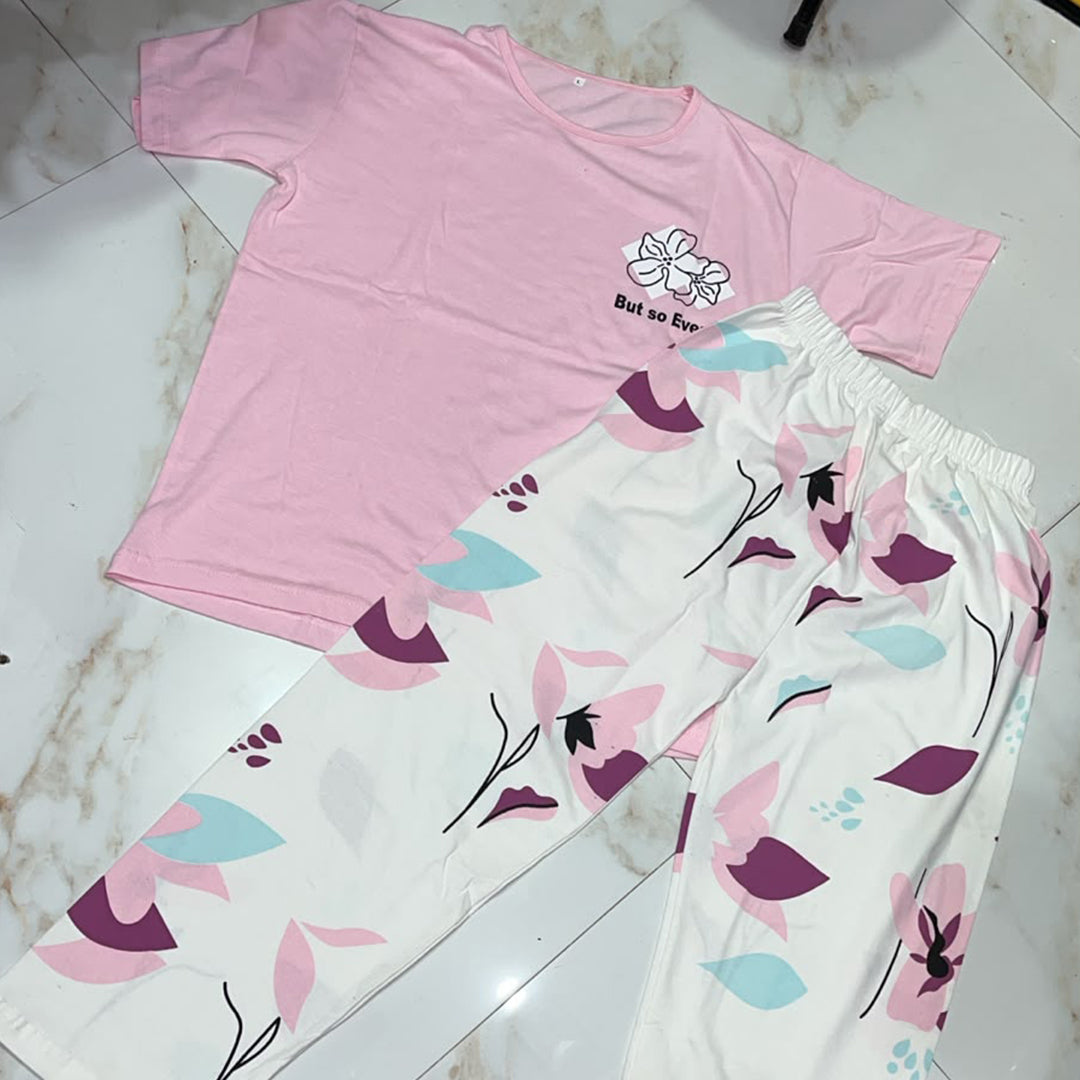 Baby Pink Flower Printed Half Sleeves Shirt and Printed Trouser