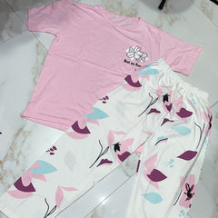 Baby Pink Flower Printed Half Sleeves Shirt and Printed Trouser