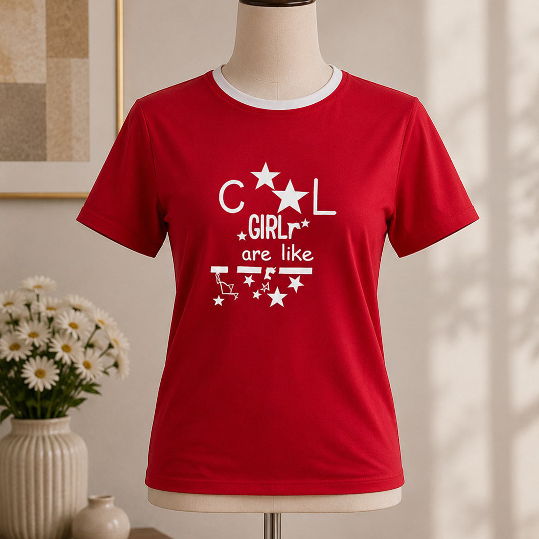 Red with white print shirt
