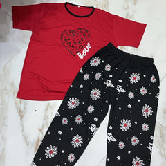 Red shirt with black flower printed trouser suits