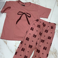 Pink with maroon bow Printed suit